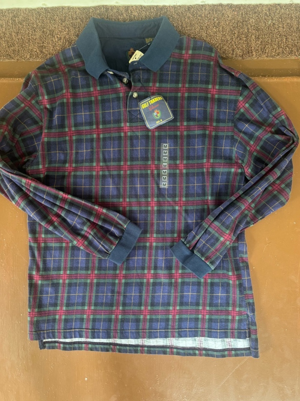 Men's Plaid Gulf Traders Classic Long-Sleeve Polo Pullover Shirt - Medium - NWT